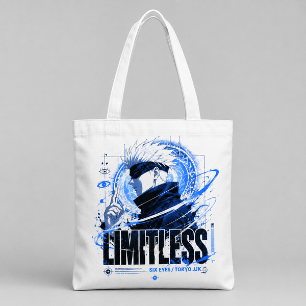 White tote bag with Satoru Gojo Jujutsu Kaisen Limitless Six Eyes graphic – photo 1