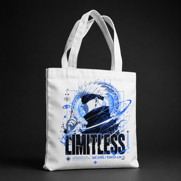 White tote bag with Satoru Gojo Jujutsu Kaisen Limitless Six Eyes graphic – photo 2