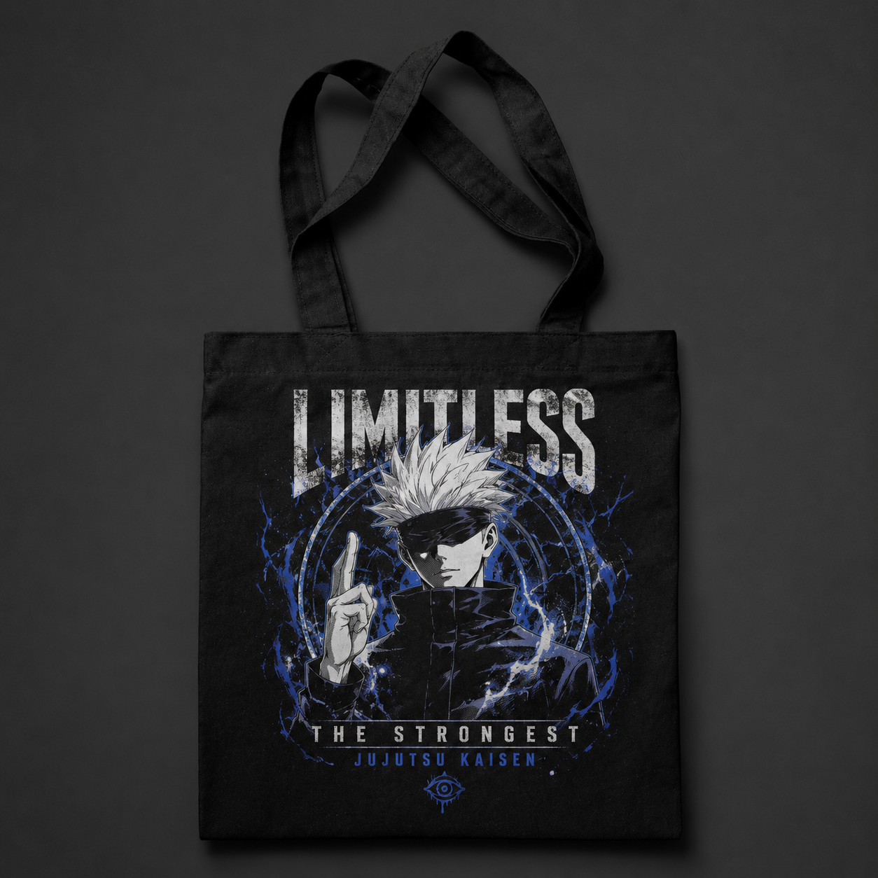 Black tote bag with Satoru Gojo Jujutsu Kaisen Limitless Strongest graphic – photo 1