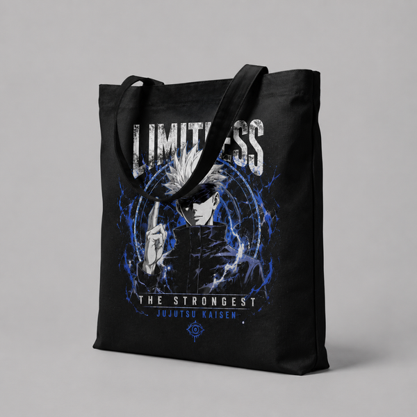 Black tote bag with Satoru Gojo Jujutsu Kaisen Limitless Strongest graphic – photo 2