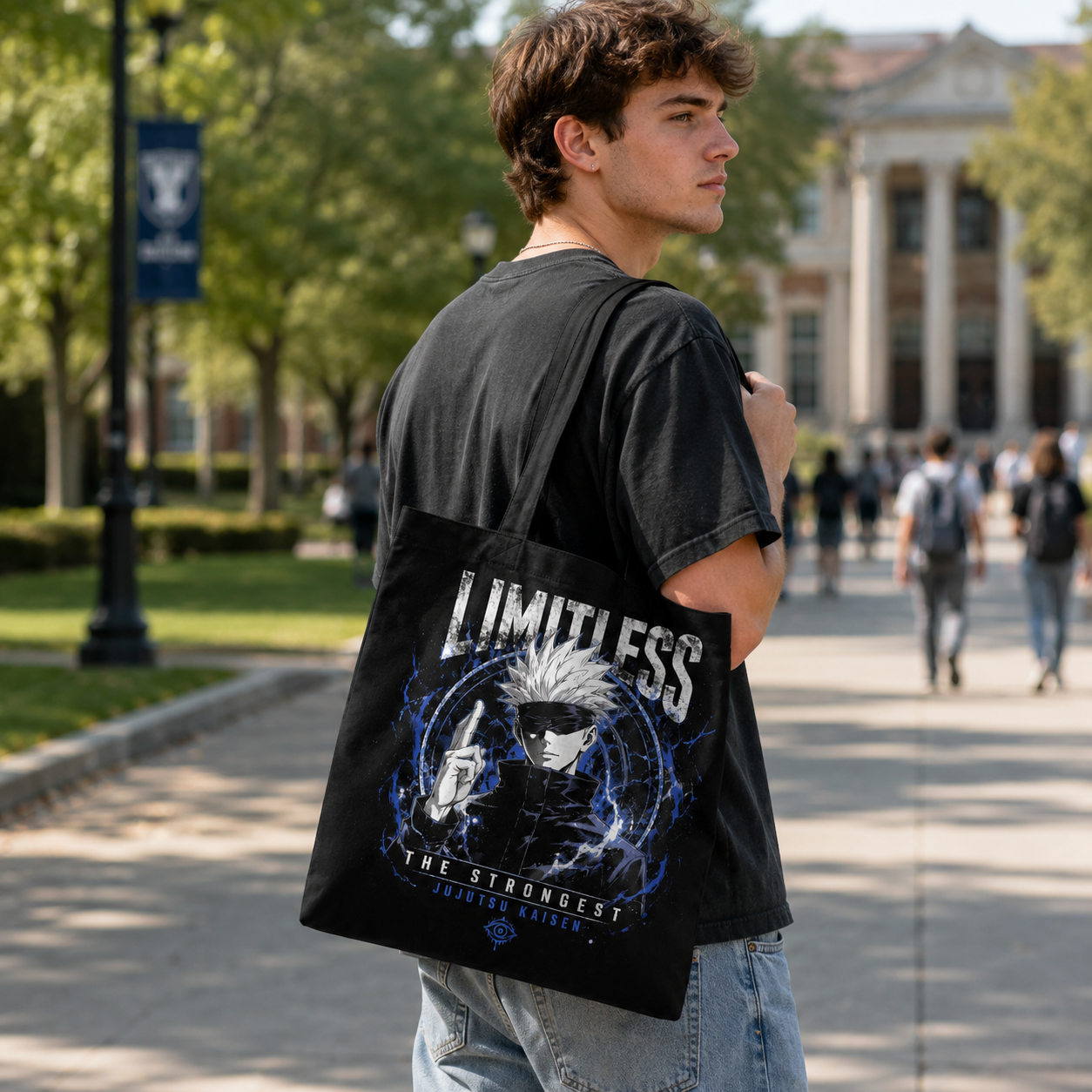 Black tote bag with Satoru Gojo Jujutsu Kaisen Limitless Strongest graphic – photo 3
