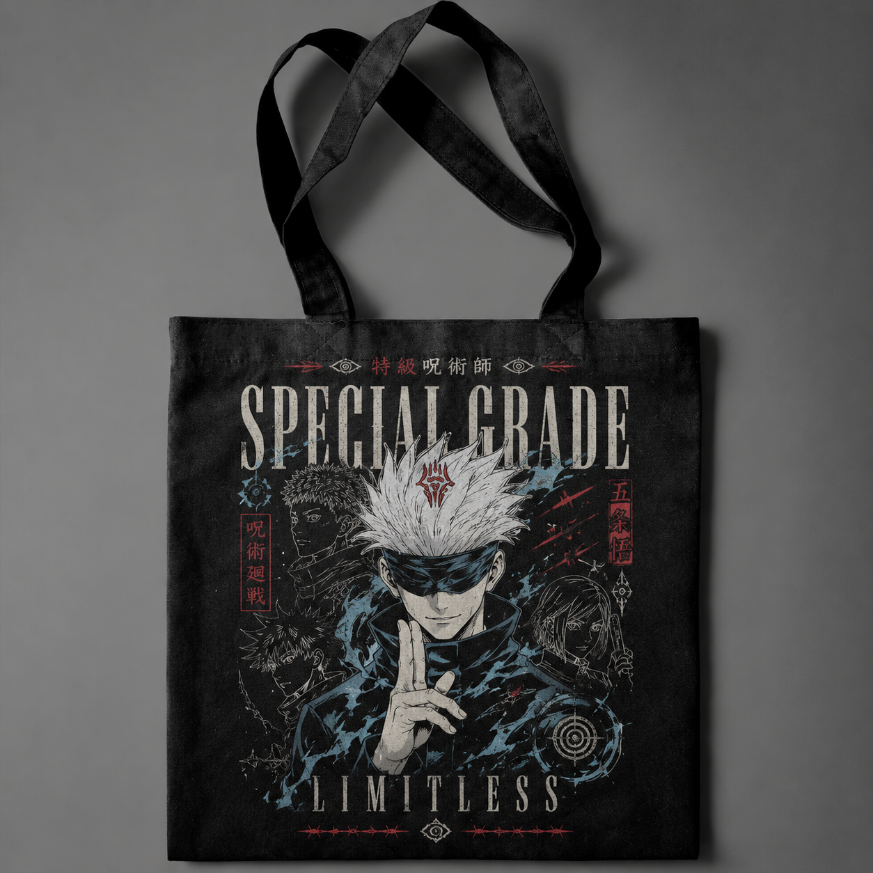 Black tote bag with Satoru Gojo Jujutsu Kaisen Special Grade Sorcerer graphic – photo 1