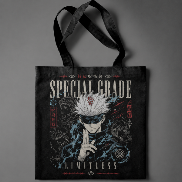 Black tote bag with Satoru Gojo Jujutsu Kaisen Special Grade Sorcerer graphic – photo 1