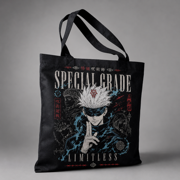 Black tote bag with Satoru Gojo Jujutsu Kaisen Special Grade Sorcerer graphic – photo 2