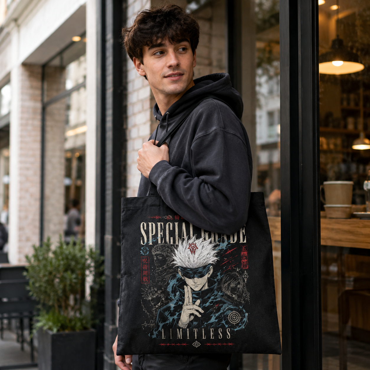 Black tote bag with Satoru Gojo Jujutsu Kaisen Special Grade Sorcerer graphic – photo 4