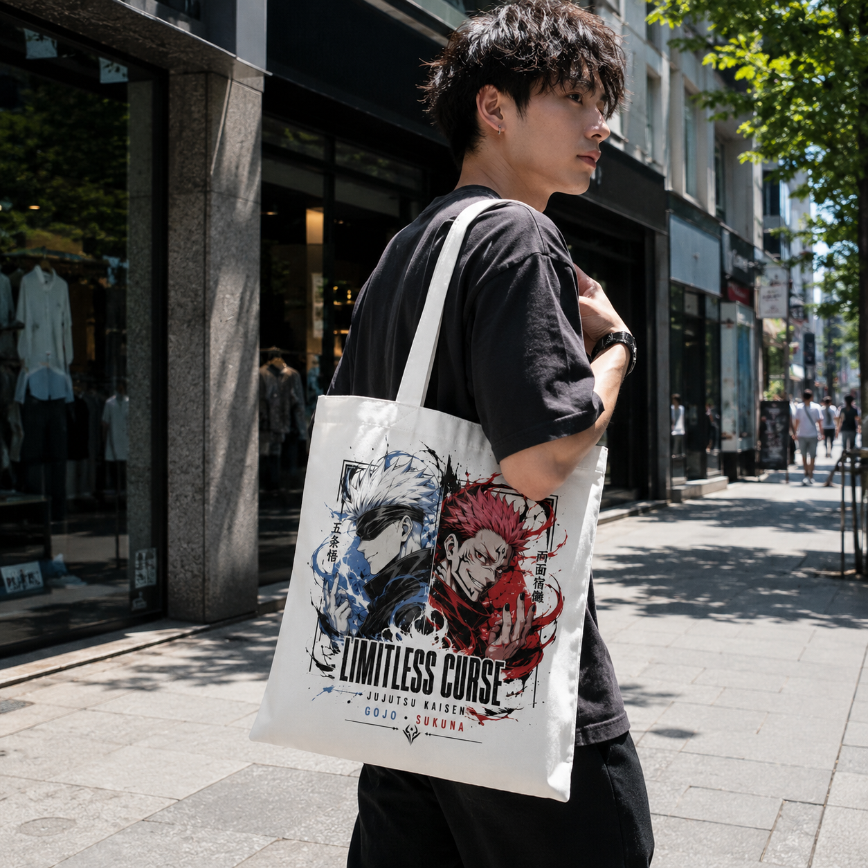 White tote bag with Satoru Gojo & Ryomen Sukuna Jujutsu Kaisen Limitless Curse graphic – photo 3