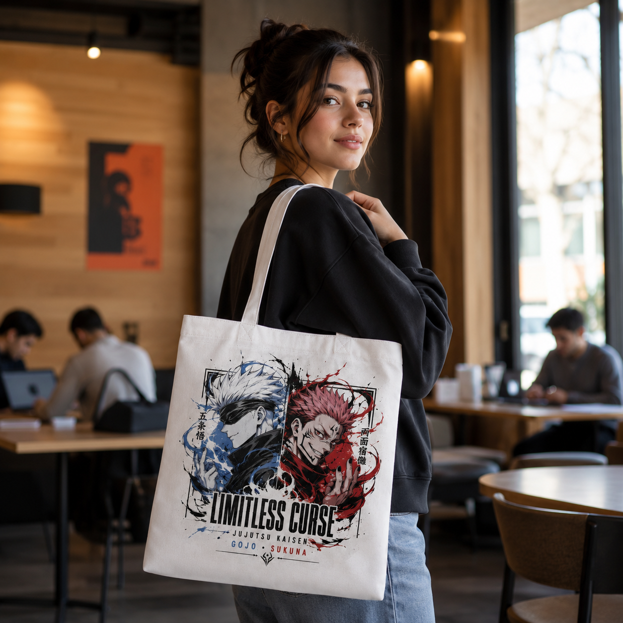 White tote bag with Satoru Gojo & Ryomen Sukuna Jujutsu Kaisen Limitless Curse graphic – photo 4