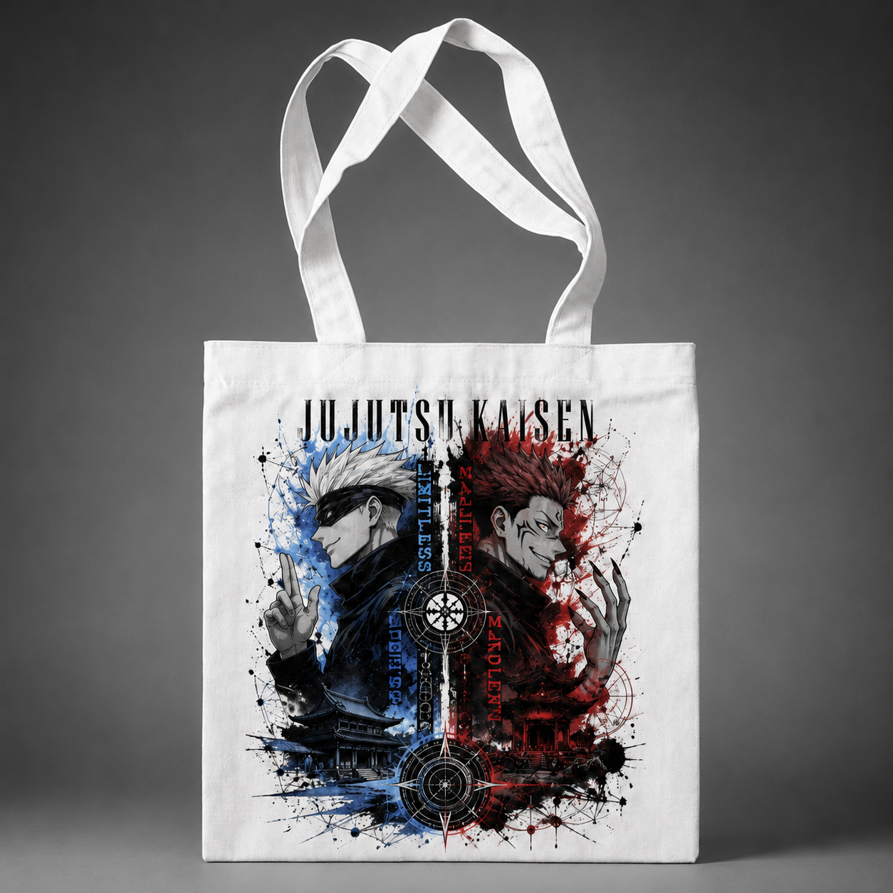 White tote bag with Satoru Gojo & Ryomen Sukuna Jujutsu Kaisen Limitless Vs Malevolent graphic – photo 1