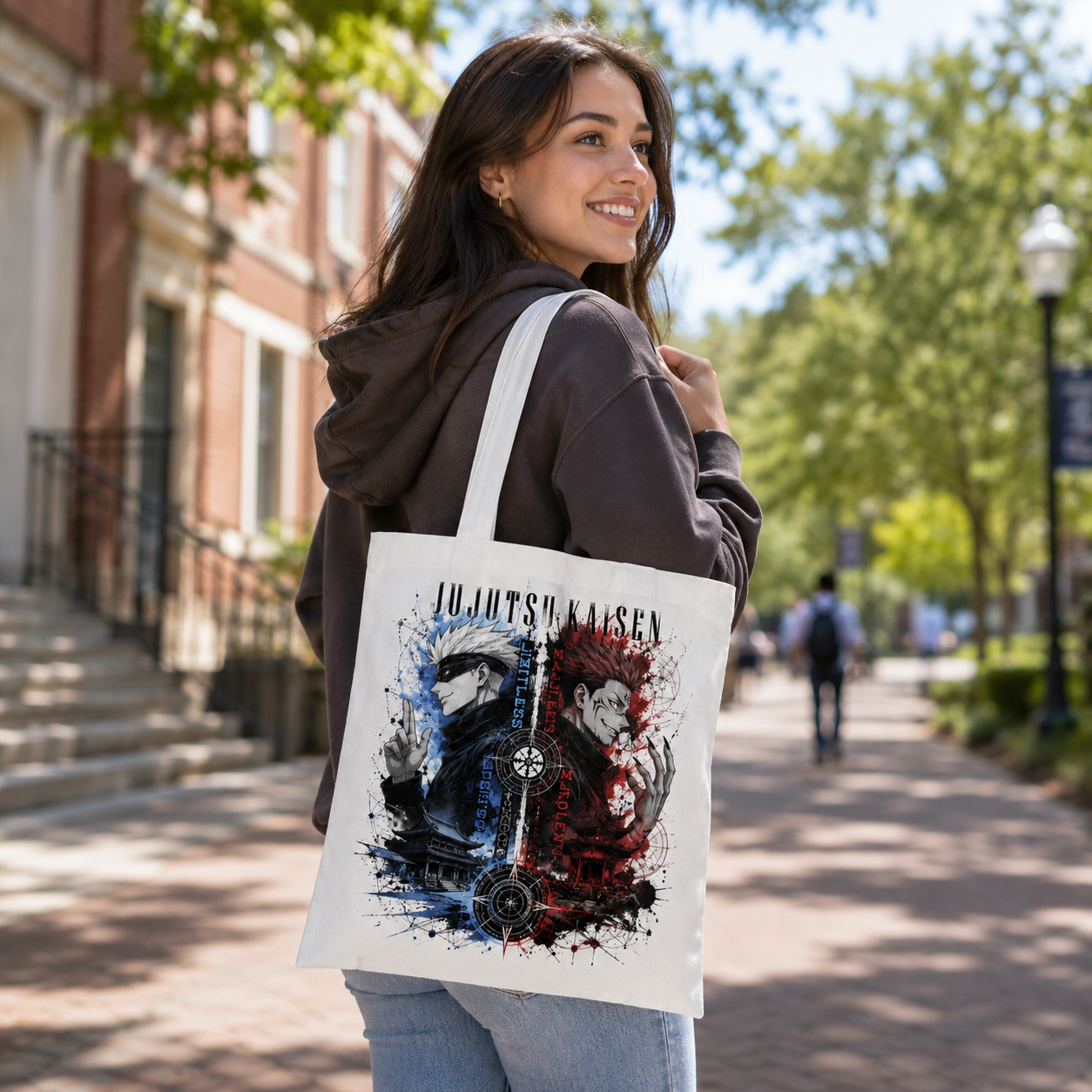 White tote bag with Satoru Gojo & Ryomen Sukuna Jujutsu Kaisen Limitless Vs Malevolent graphic – photo 3