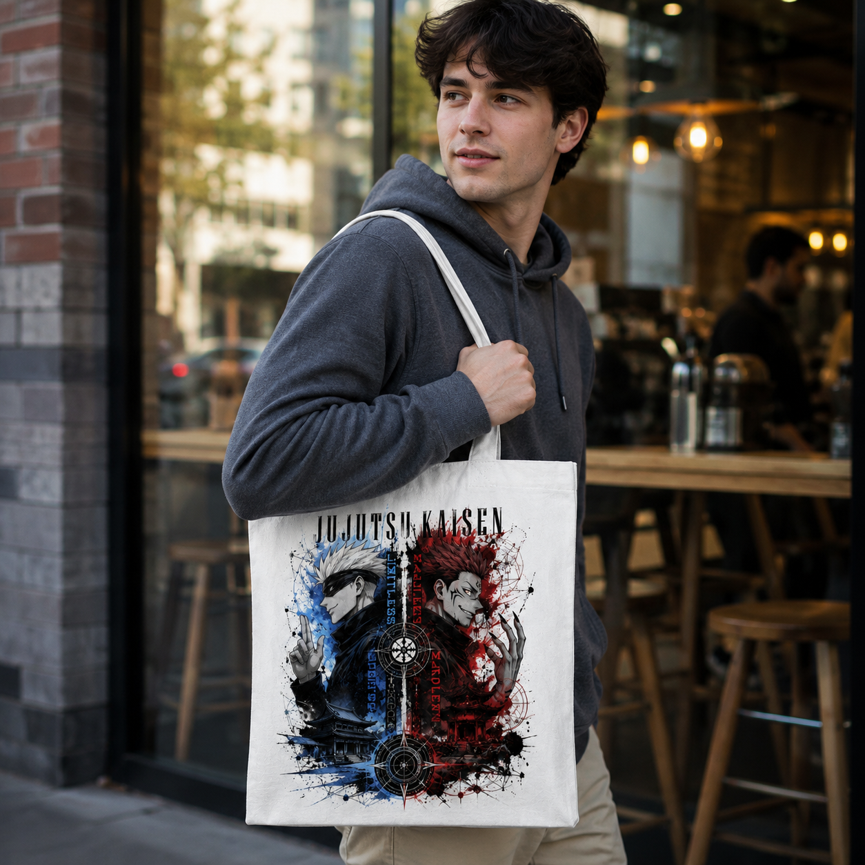 White tote bag with Satoru Gojo & Ryomen Sukuna Jujutsu Kaisen Limitless Vs Malevolent graphic – photo 4