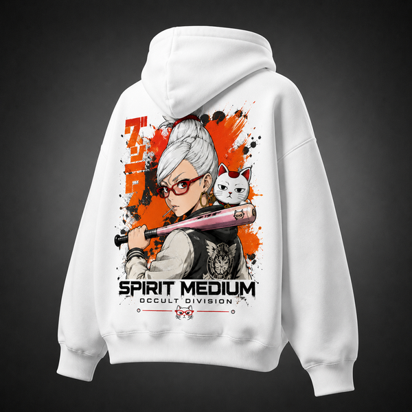 White hoodie with Seiko Ayase Dandadan Spirit Medium graphic – photo 1