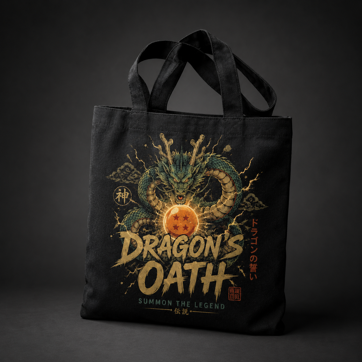 Black tote bag with Shenron Dragon Ball Dragon's Oath graphic – photo 2