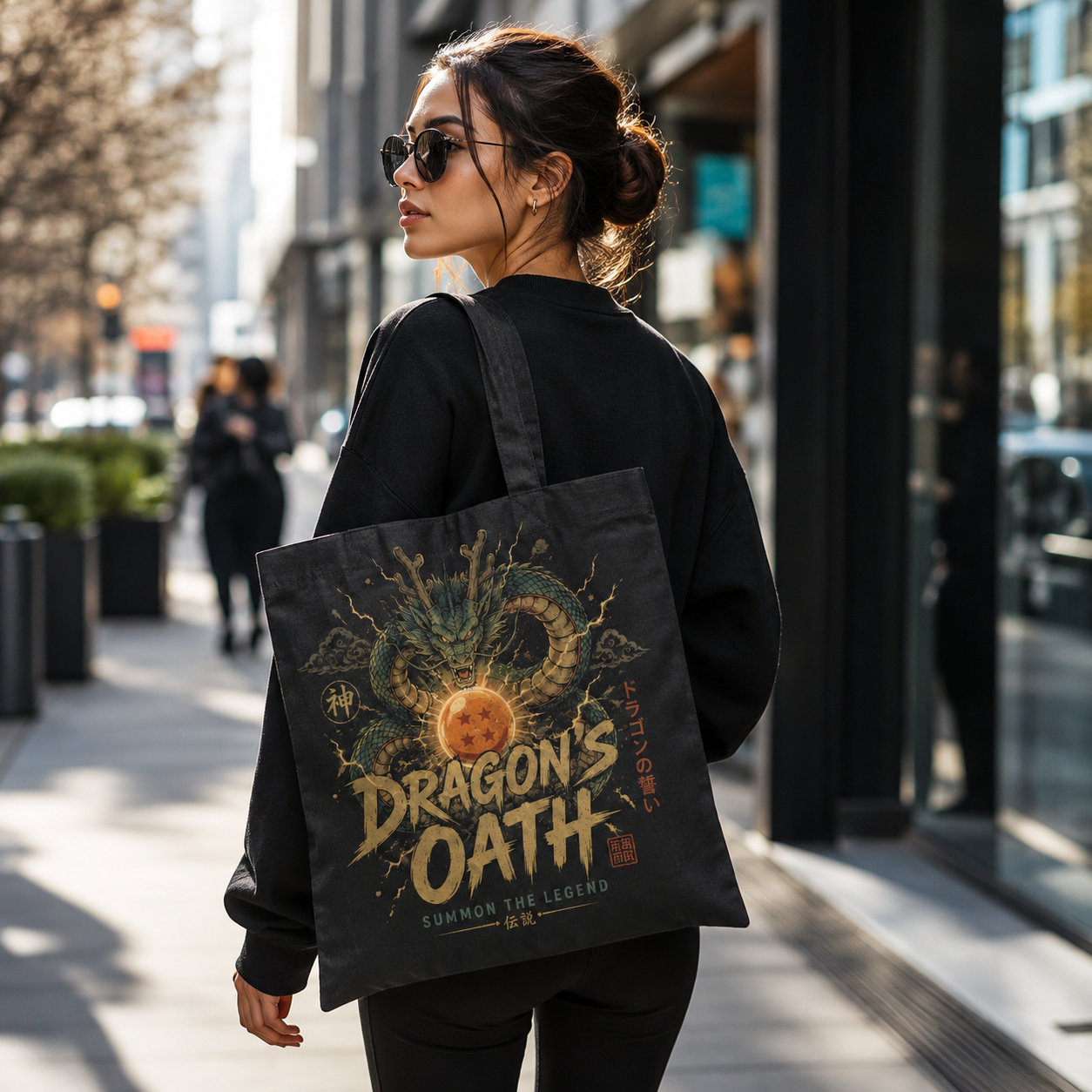 Black tote bag with Shenron Dragon Ball Dragon's Oath graphic – photo 3