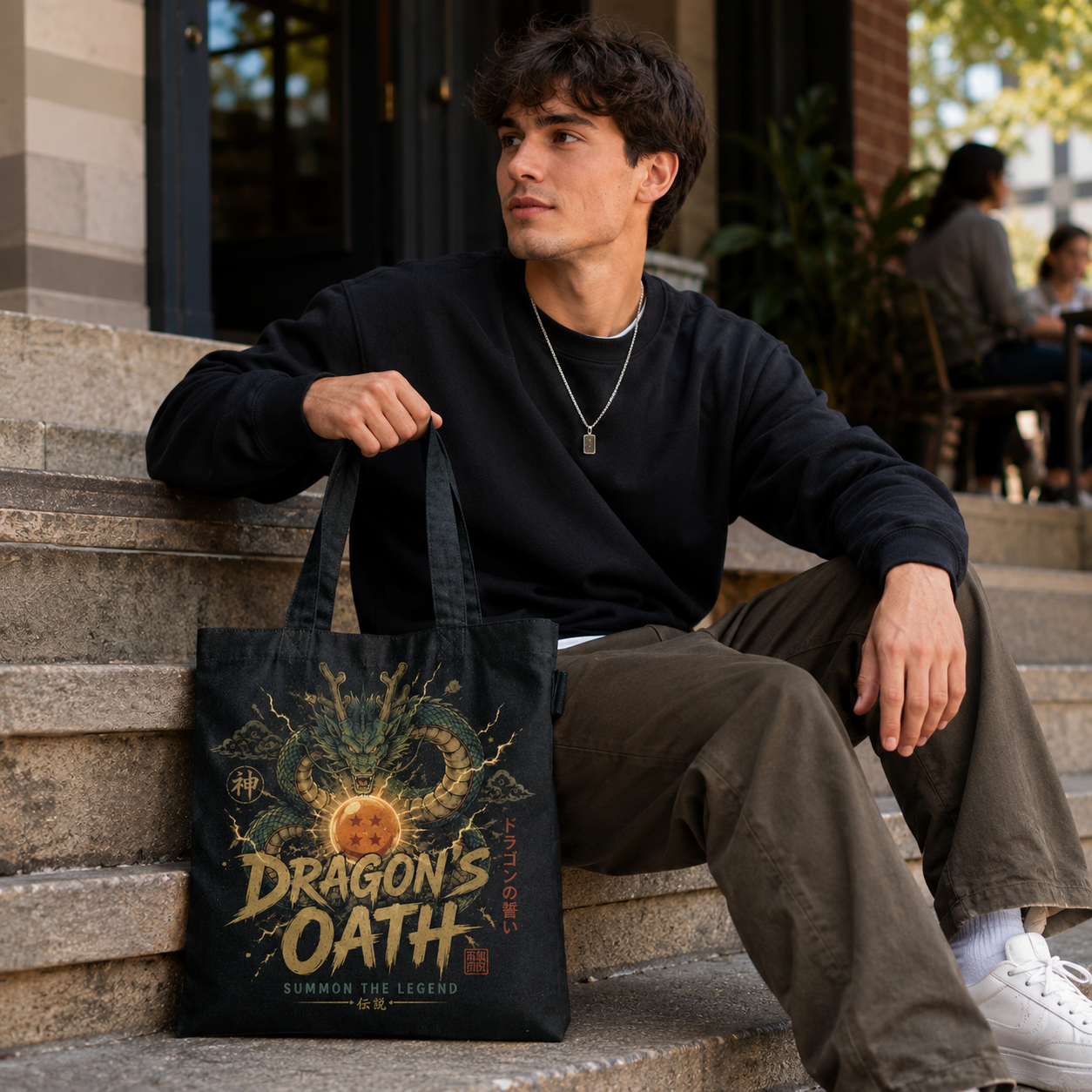 Black tote bag with Shenron Dragon Ball Dragon's Oath graphic – photo 4
