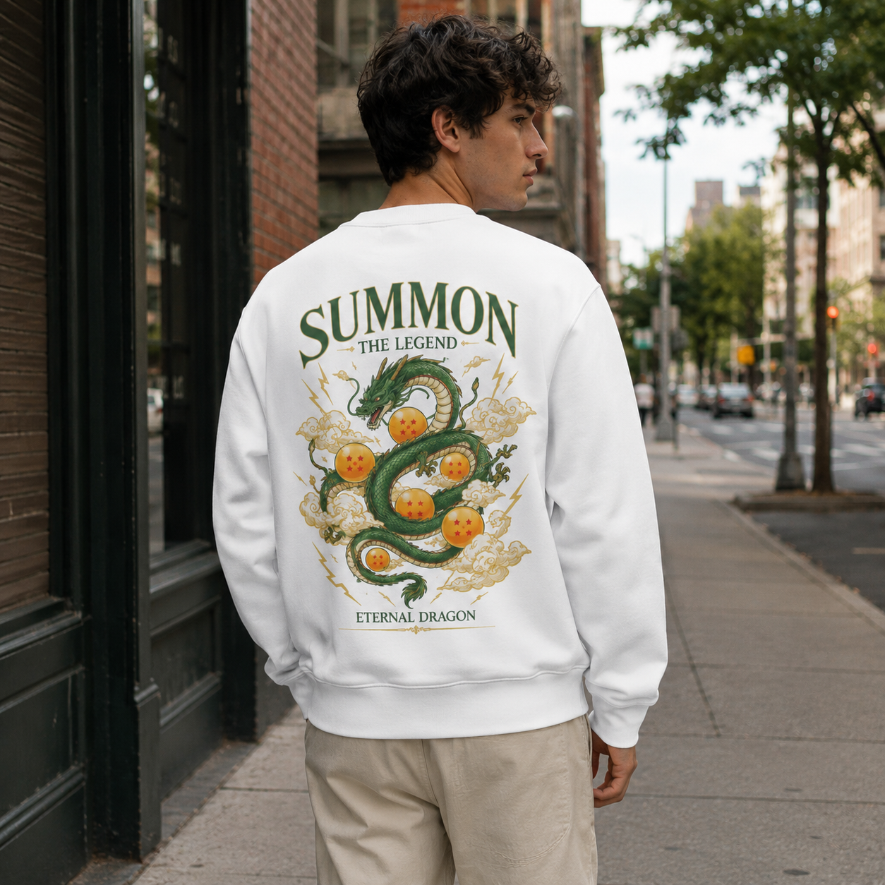 White sweatshirt with Shenron Dragon Ball Summon The Legend graphic – photo 3