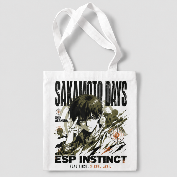 White tote bag with Shin Asakura Sakamoto Days Esp Instinct graphic – photo 1