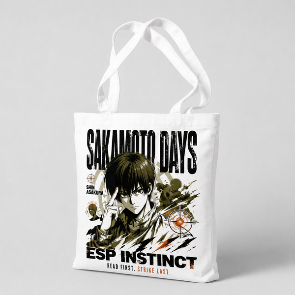 White tote bag with Shin Asakura Sakamoto Days Esp Instinct graphic – photo 2