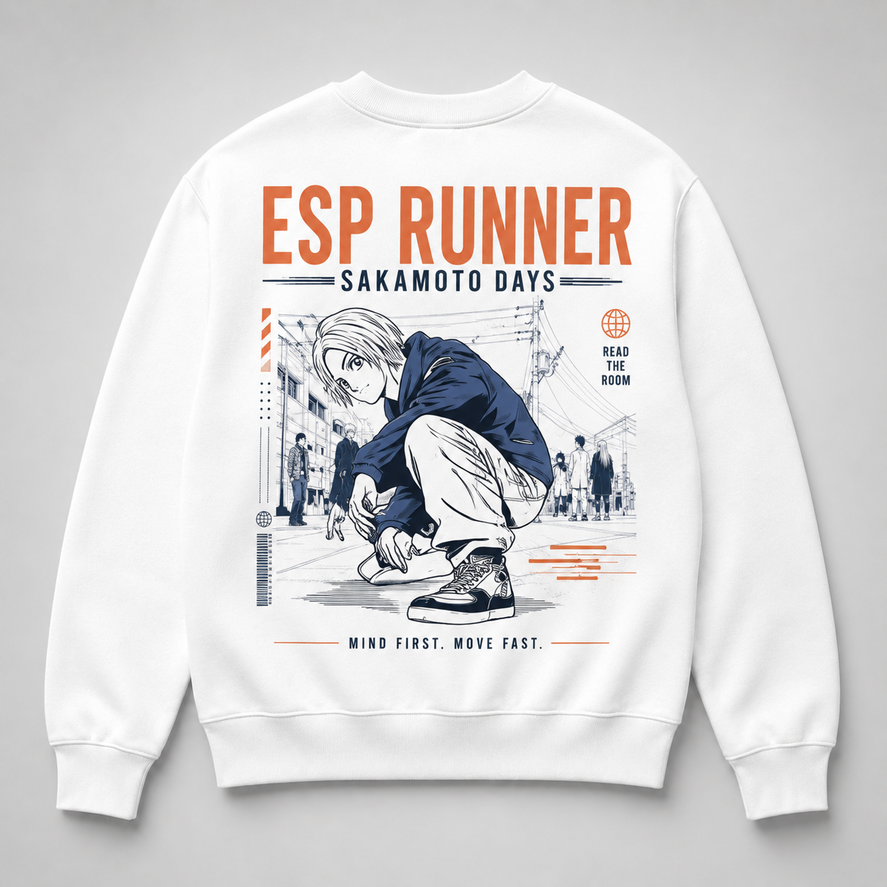 White sweatshirt with Shin Asakura Sakamoto Days Esp Runner graphic – photo 1