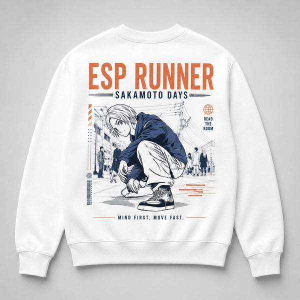 White sweatshirt with Shin Asakura Sakamoto Days Esp Runner graphic – photo 1