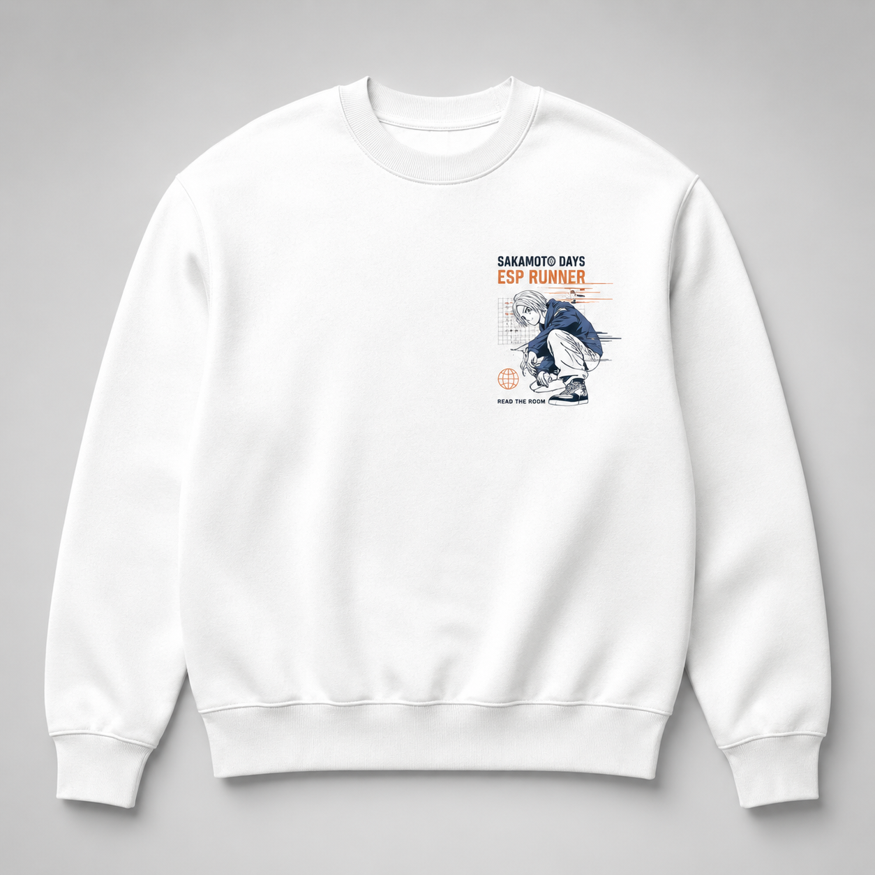 White sweatshirt with Shin Asakura Sakamoto Days Esp Runner graphic – photo 2