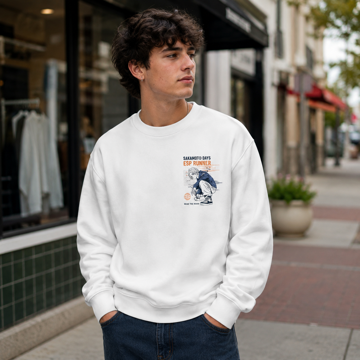 White sweatshirt with Shin Asakura Sakamoto Days Esp Runner graphic – photo 4