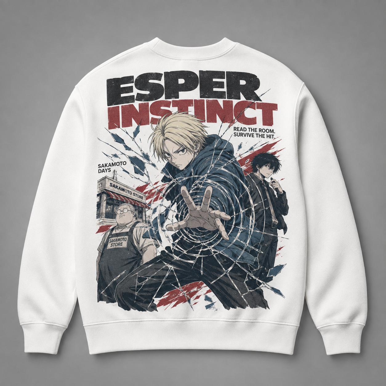 White sweatshirt with Shin Asakura Sakamoto Days Esper Instinct graphic – photo 1