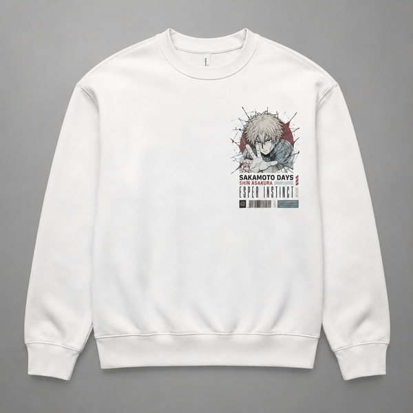 White sweatshirt with Shin Asakura Sakamoto Days Esper Instinct graphic – photo 2