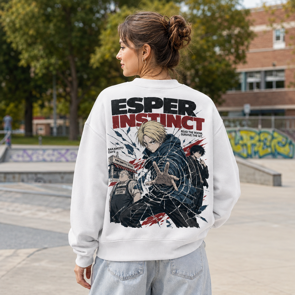 White sweatshirt with Shin Asakura Sakamoto Days Esper Instinct graphic – photo 3