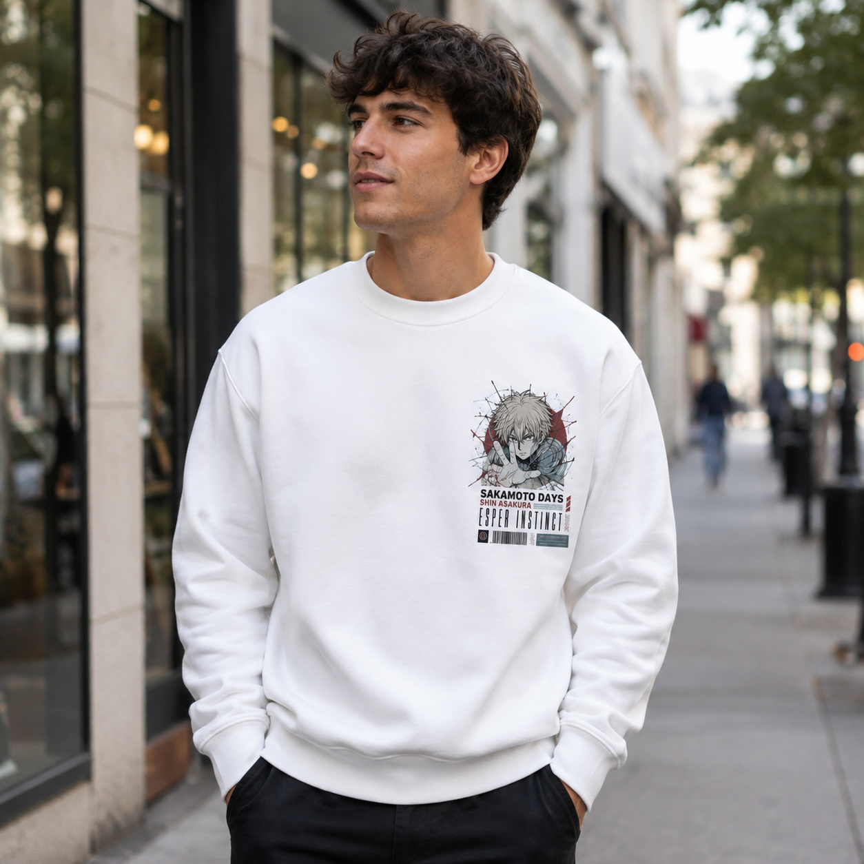 White sweatshirt with Shin Asakura Sakamoto Days Esper Instinct graphic – photo 4