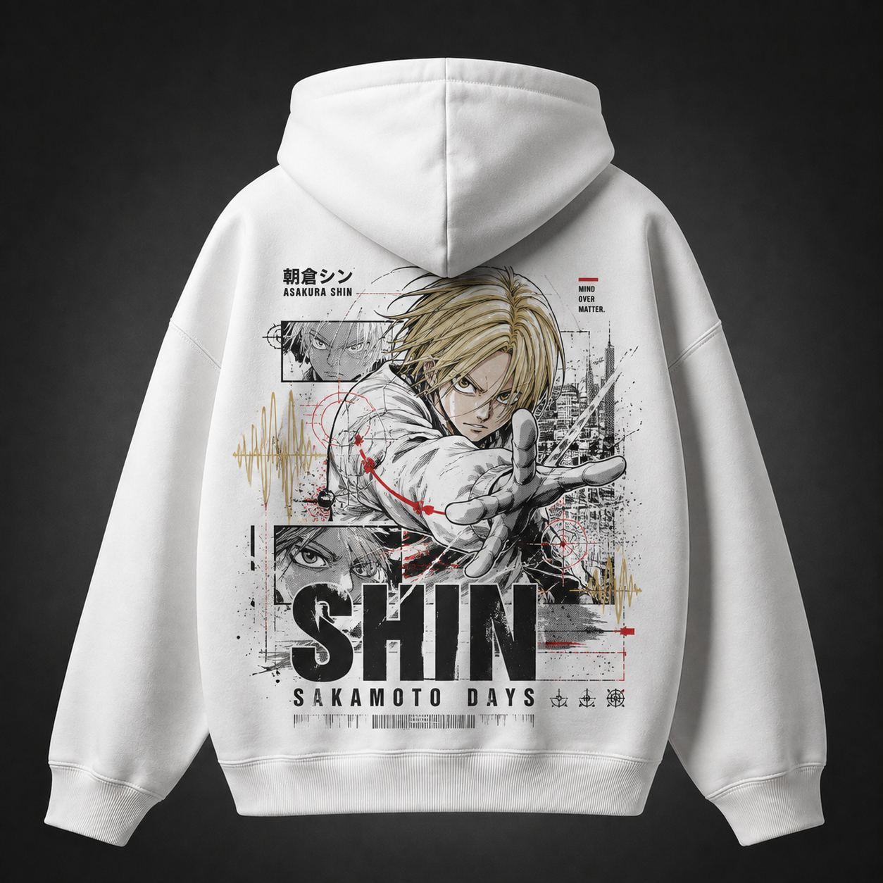 White hoodie with Shin Asakura Sakamoto Days Mind Over Matter graphic – photo 1
