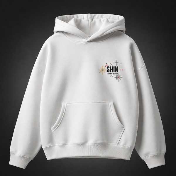 White hoodie with Shin Asakura Sakamoto Days Mind Over Matter graphic – photo 2