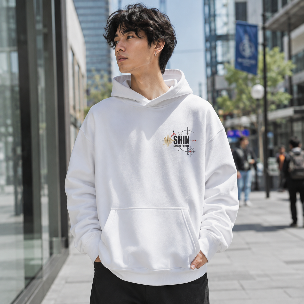 White hoodie with Shin Asakura Sakamoto Days Mind Over Matter graphic – photo 4