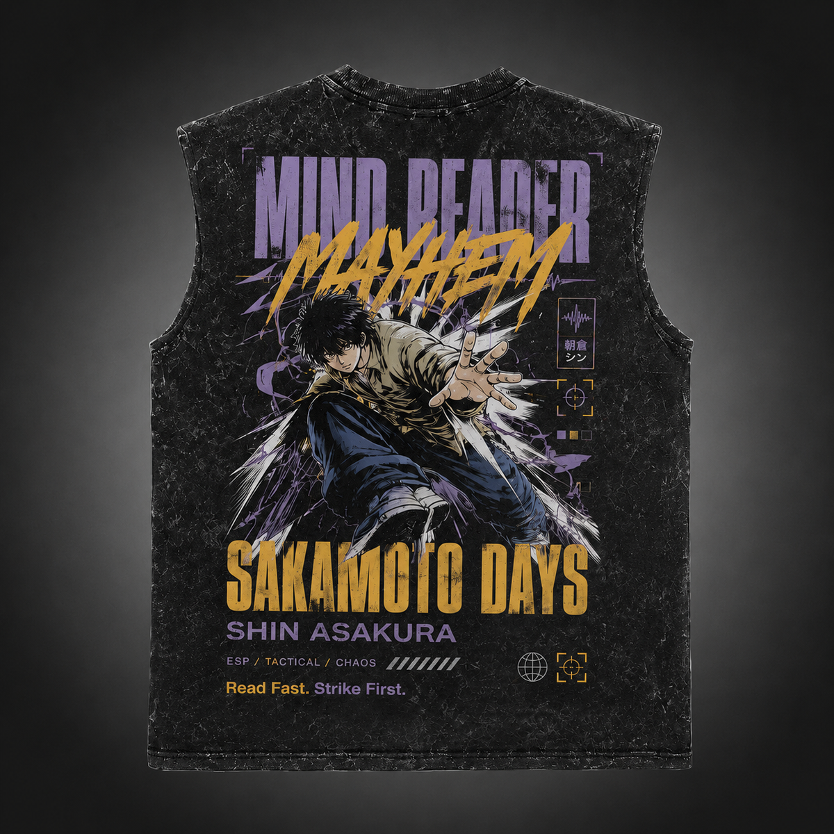 Washed black tank top with Shin Asakura Sakamoto Days Mind Reader Mayhem graphic – photo 1