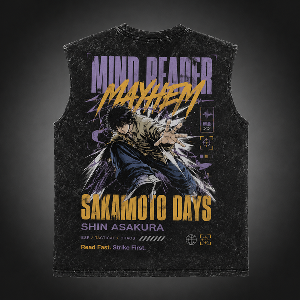 Washed black tank top with Shin Asakura Sakamoto Days Mind Reader Mayhem graphic – photo 1