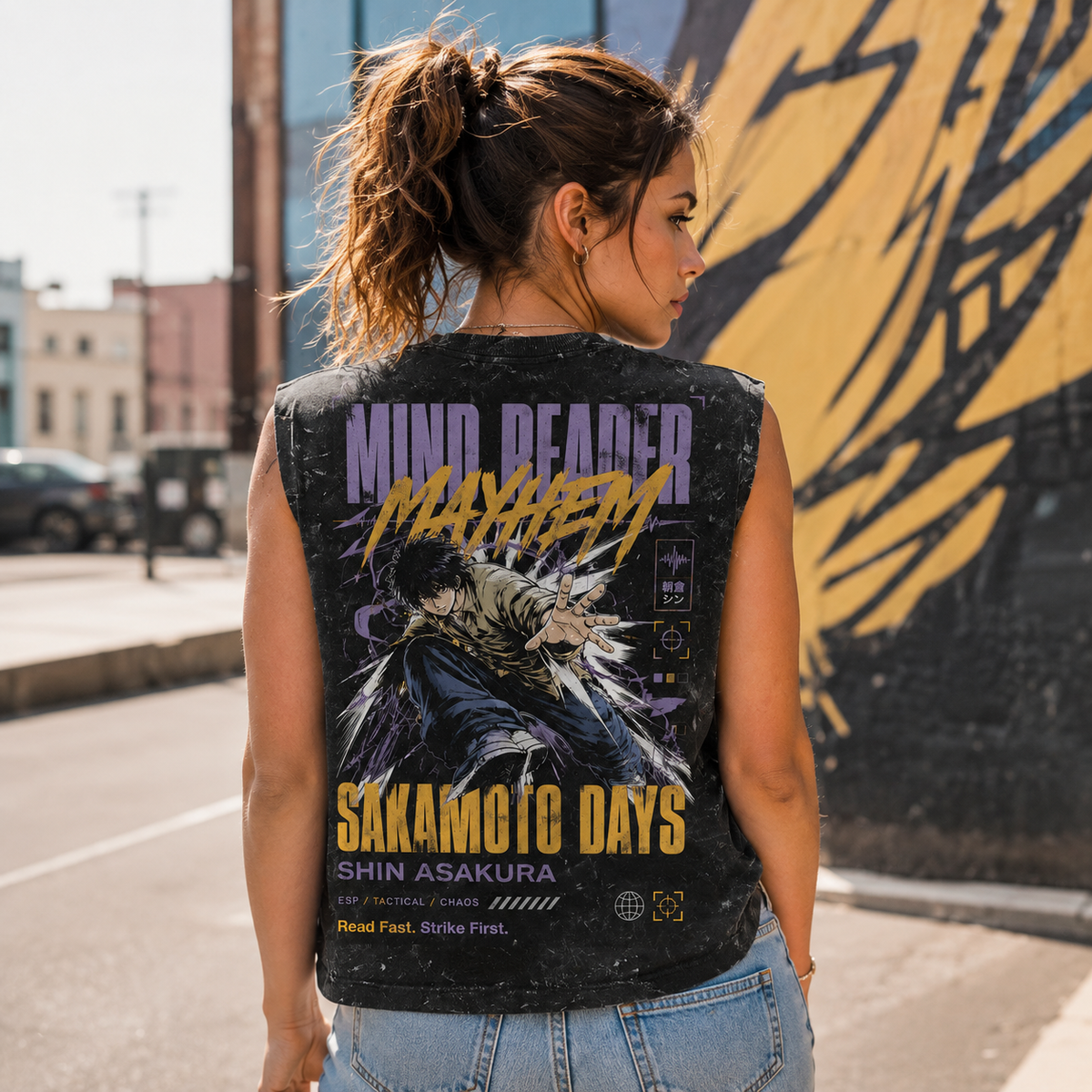 Washed black tank top with Shin Asakura Sakamoto Days Mind Reader Mayhem graphic – photo 3