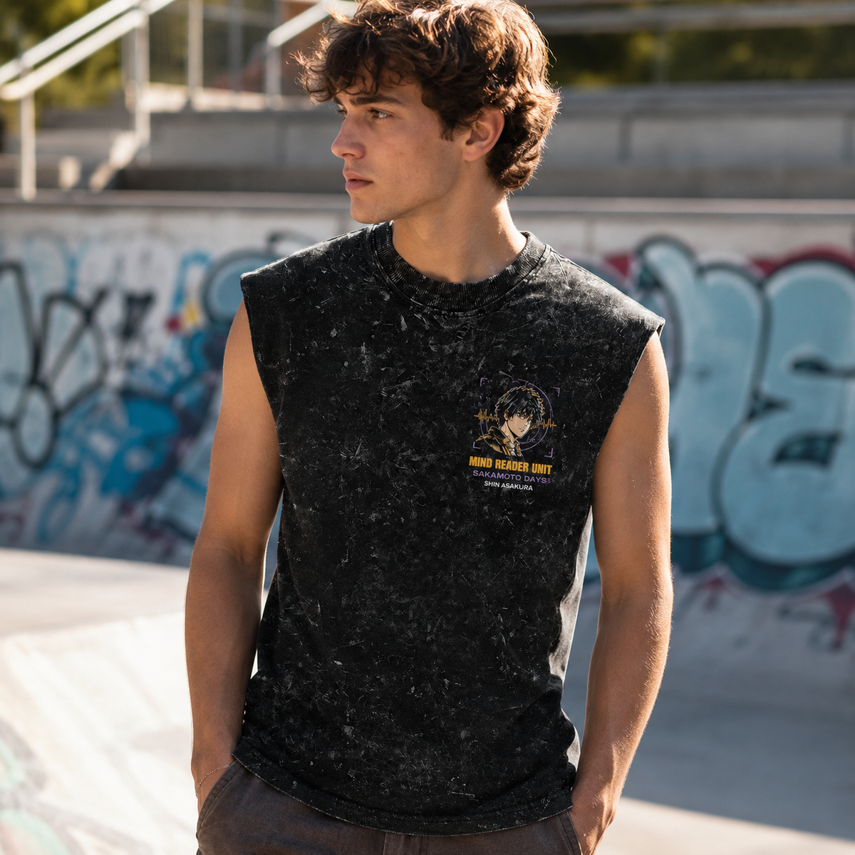 Washed black tank top with Shin Asakura Sakamoto Days Mind Reader Mayhem graphic – photo 4
