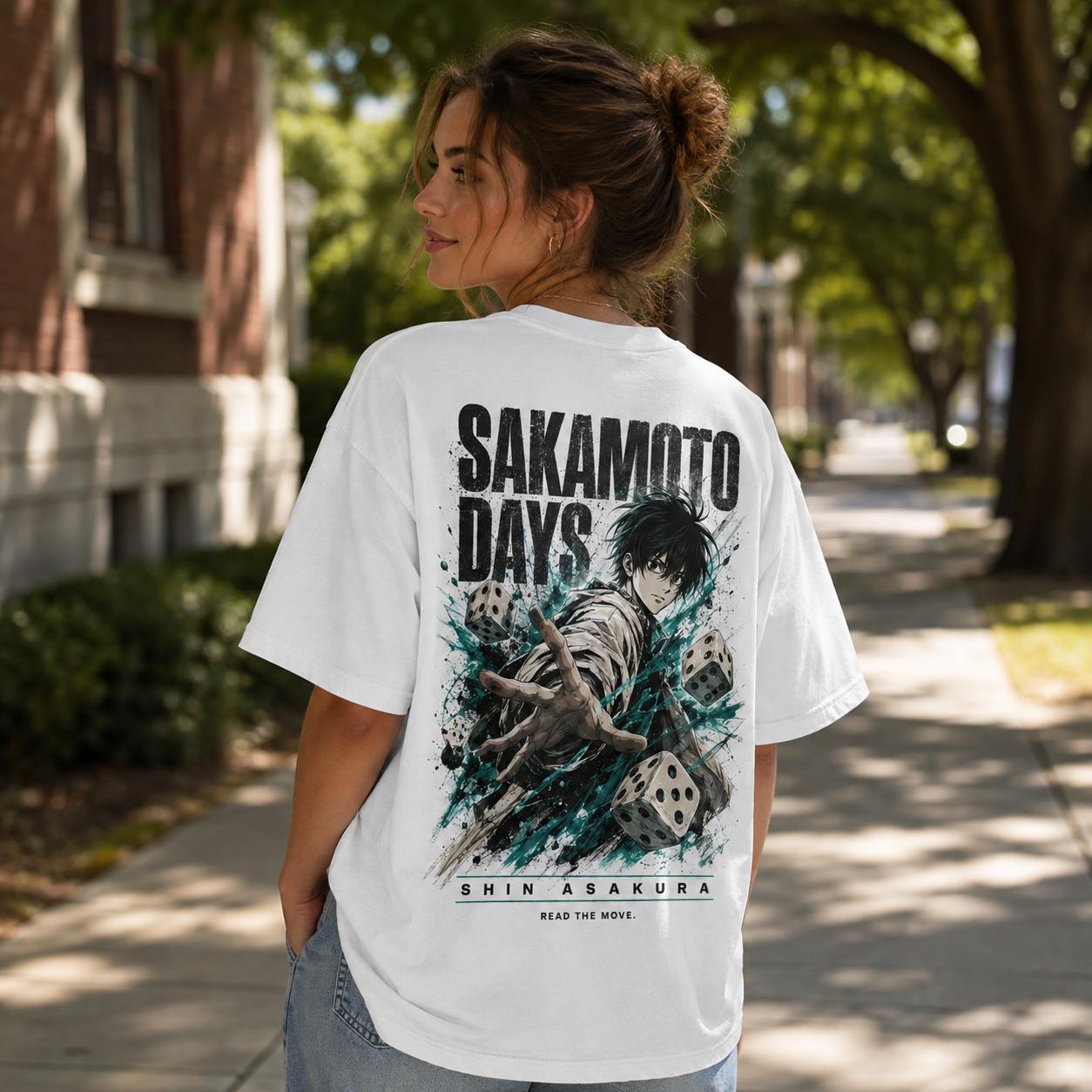White t-shirt with Shin Asakura Sakamoto Days Read The Move graphic – photo 3