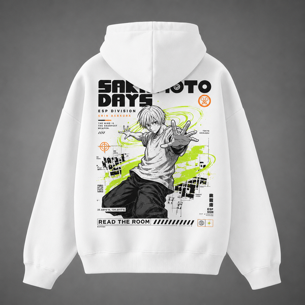 White hoodie with Shin Asakura Sakamoto Days Read The Room graphic – photo 1