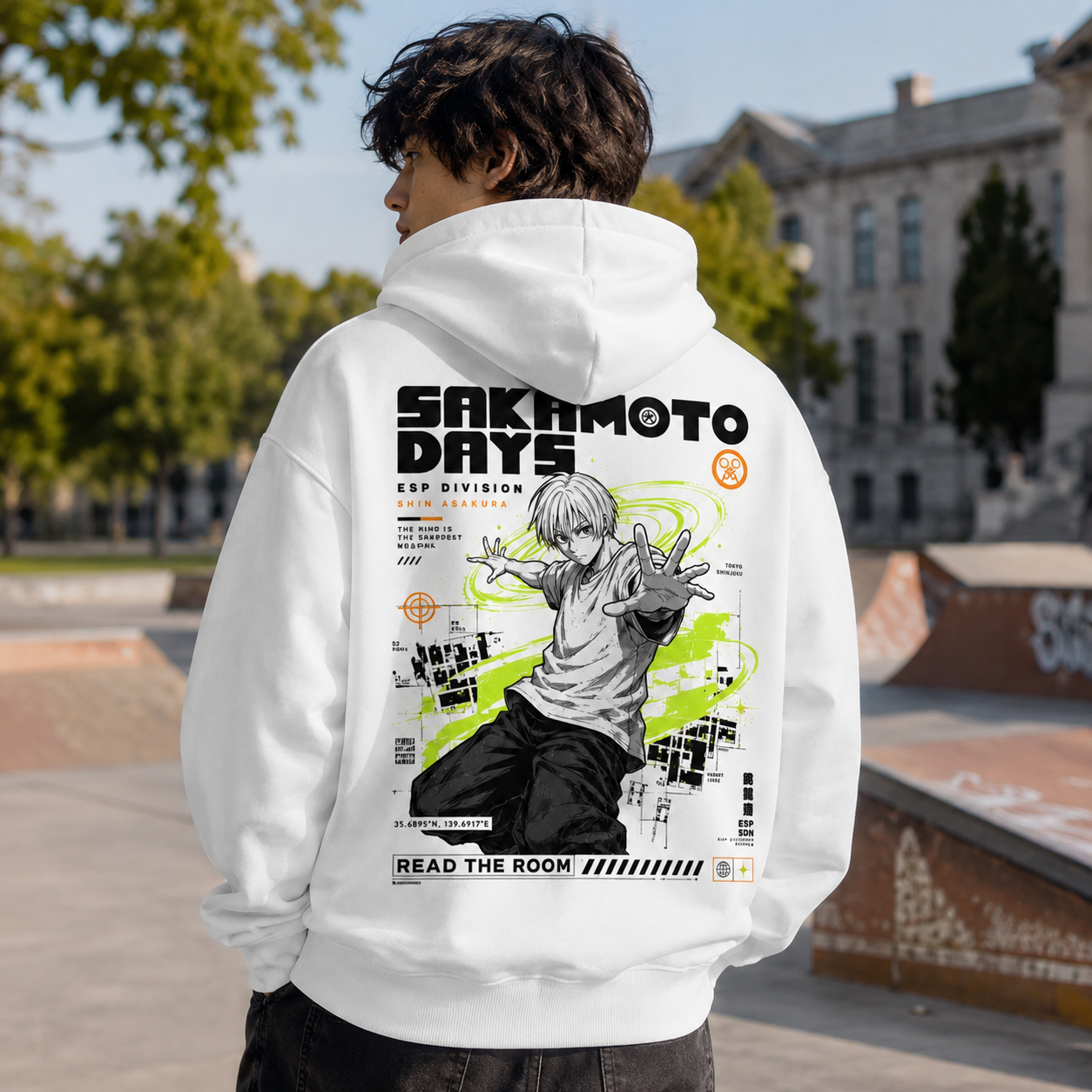 White hoodie with Shin Asakura Sakamoto Days Read The Room graphic – photo 3