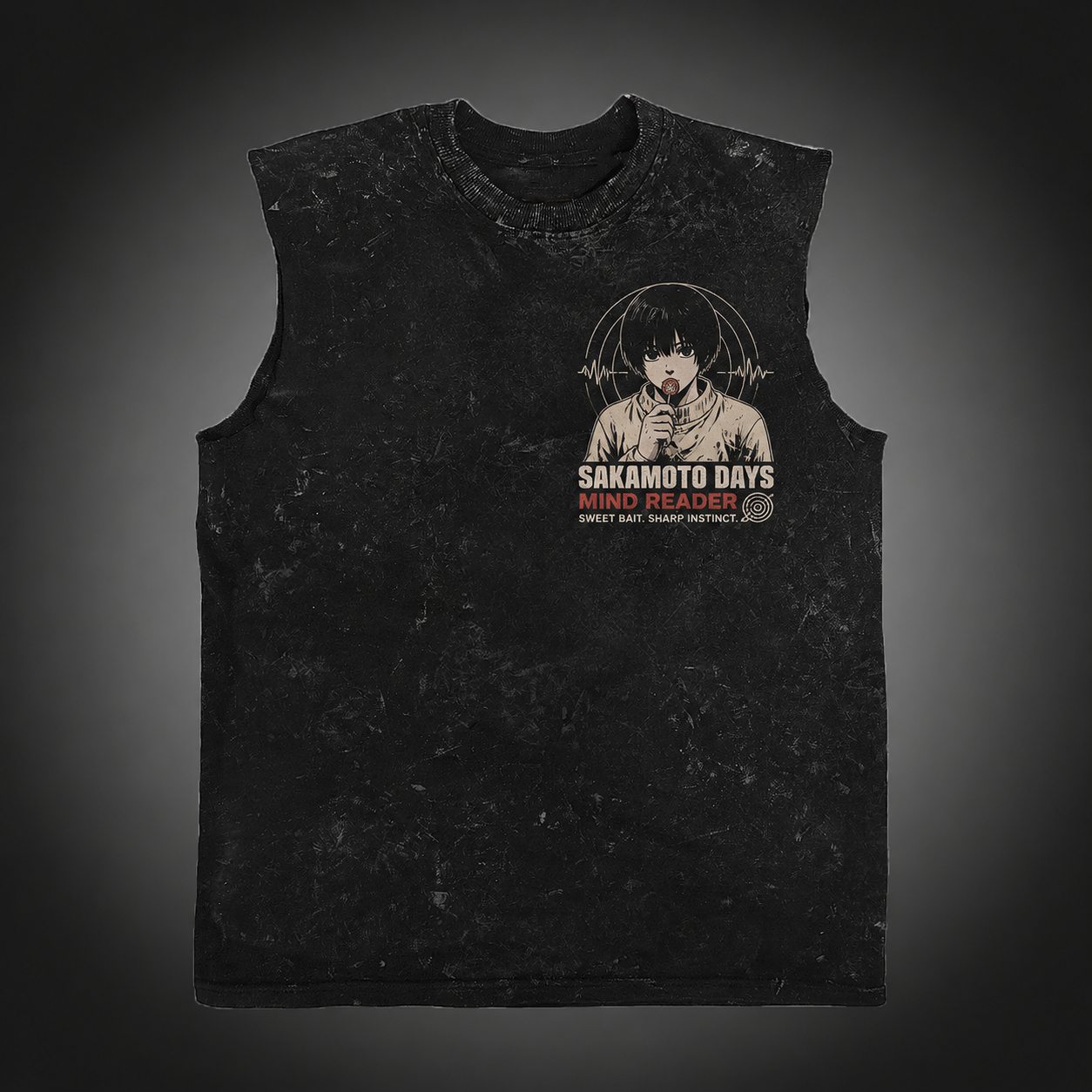 Washed black tank top with Shin Asakura Sakamoto Days Sweet Tooth Tactic graphic – photo 2