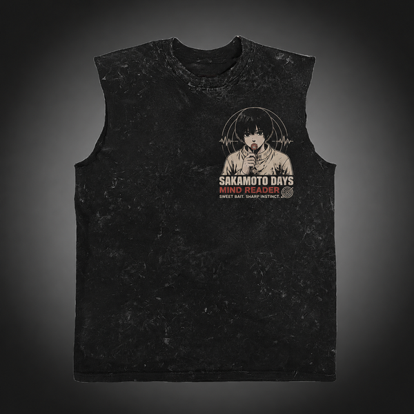 Washed black tank top with Shin Asakura Sakamoto Days Sweet Tooth Tactic graphic – photo 2