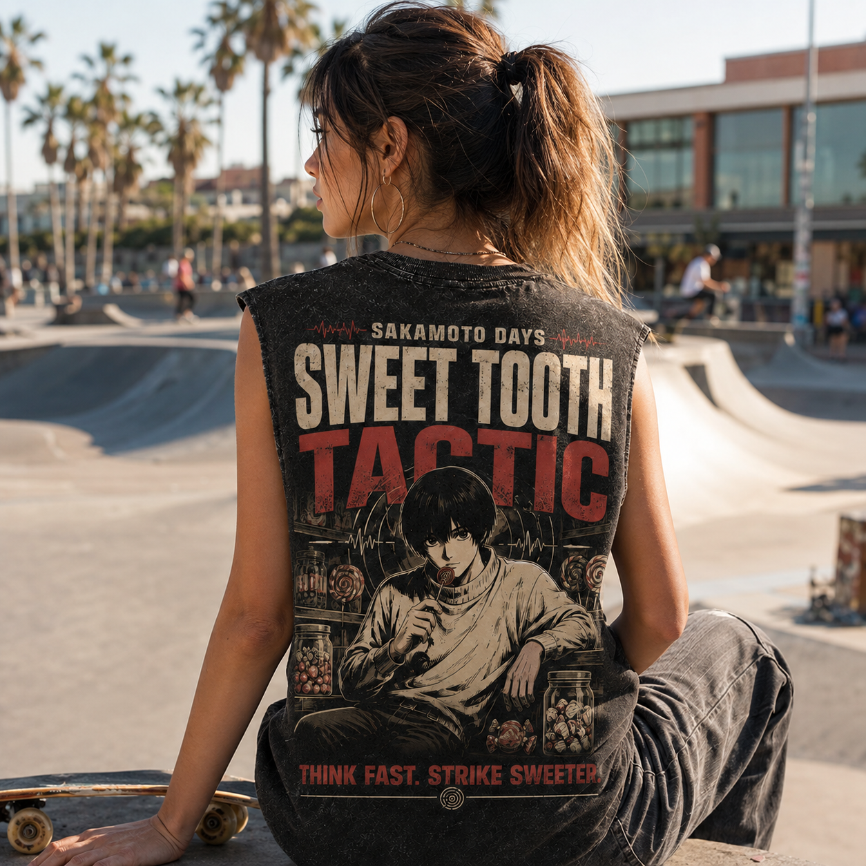 Washed black tank top with Shin Asakura Sakamoto Days Sweet Tooth Tactic graphic – photo 3