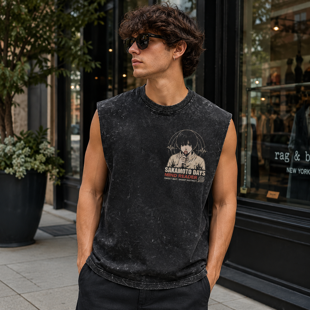 Washed black tank top with Shin Asakura Sakamoto Days Sweet Tooth Tactic graphic – photo 4