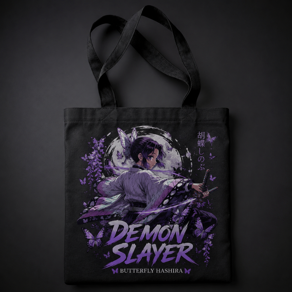 Black tote bag with Shinobu Kocho Demon Slayer Butterfly Hashira graphic – photo 1