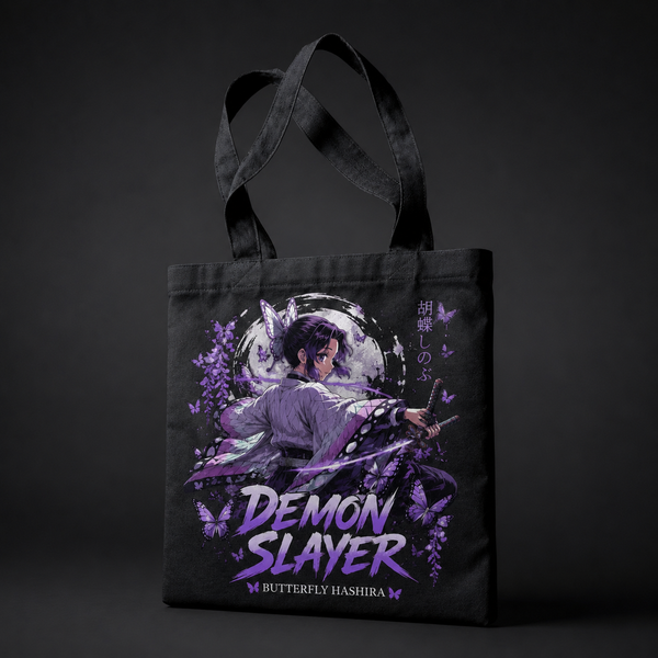 Black tote bag with Shinobu Kocho Demon Slayer Butterfly Hashira graphic – photo 2