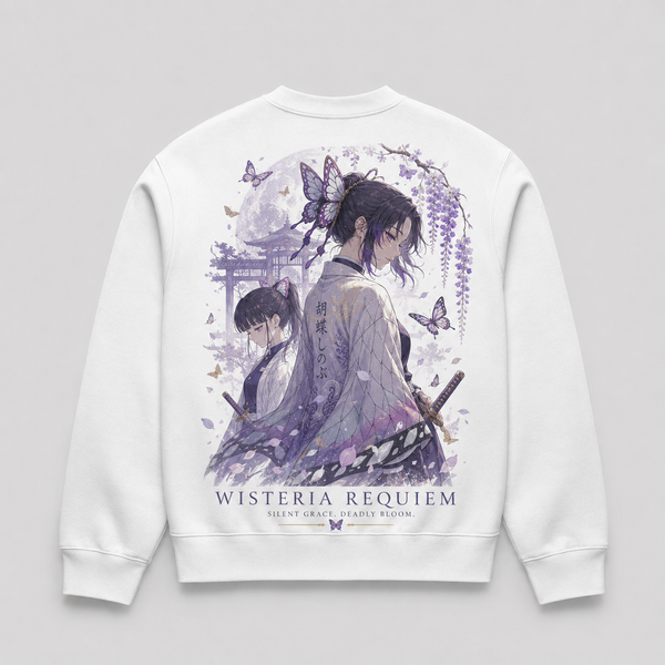White sweatshirt with Shinobu Kocho Demon Slayer Wisteria Requiem graphic – photo 1