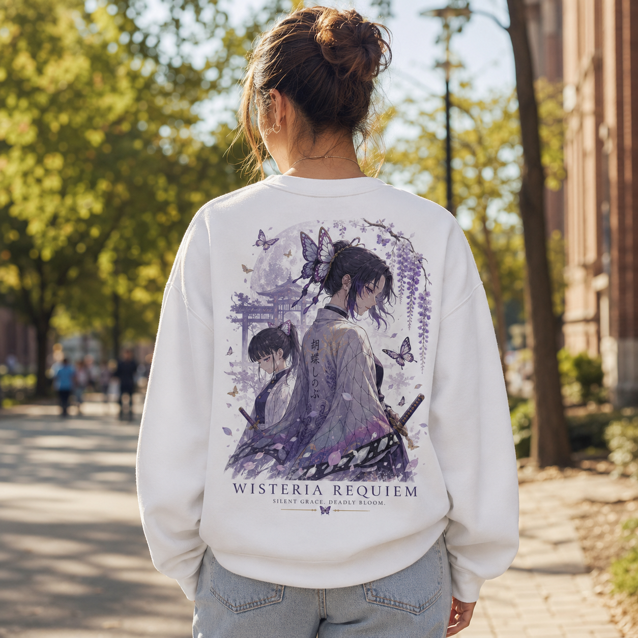 White sweatshirt with Shinobu Kocho Demon Slayer Wisteria Requiem graphic – photo 3