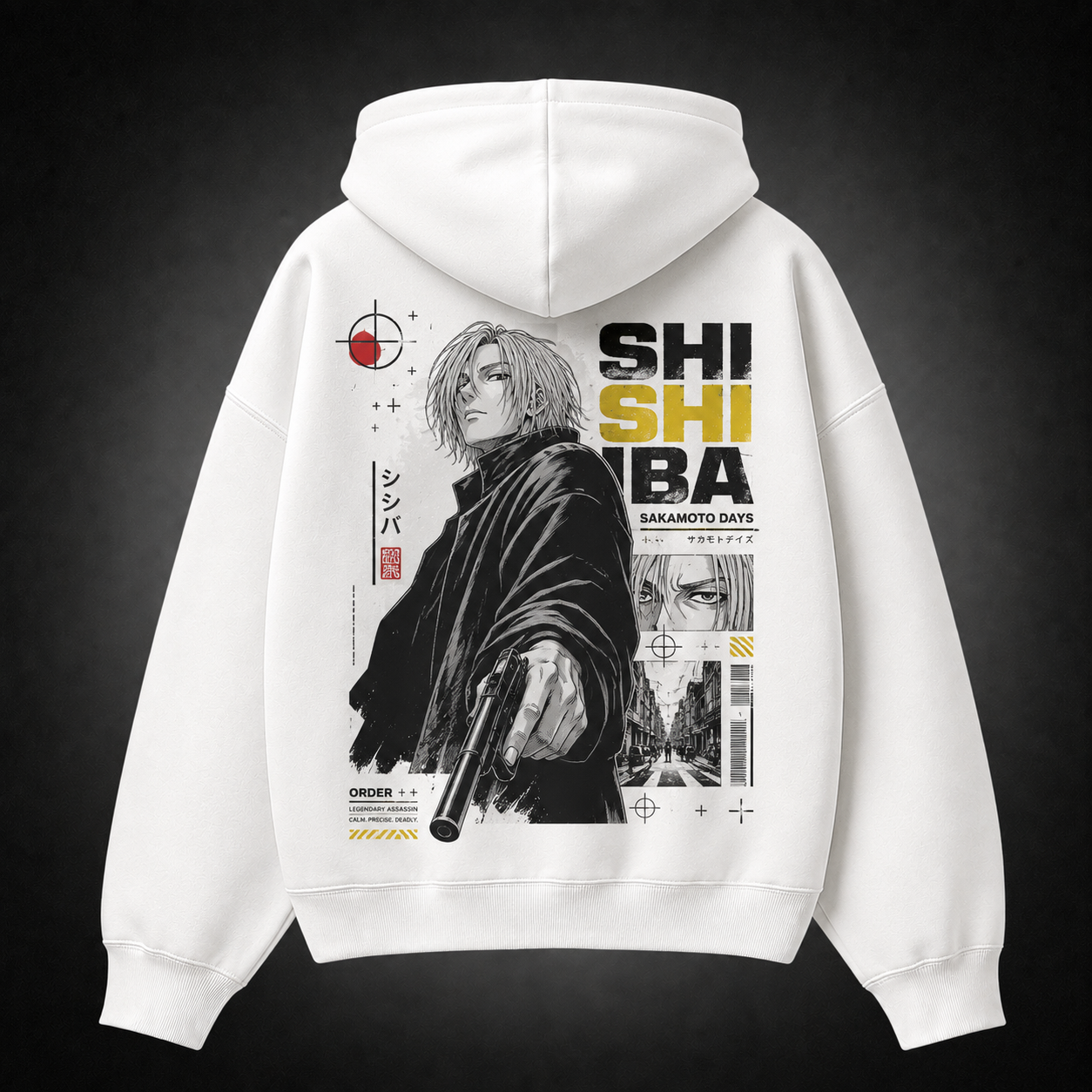 White hoodie with Shishiba Sakamoto Days Legendary Assassin Order graphic – photo 1