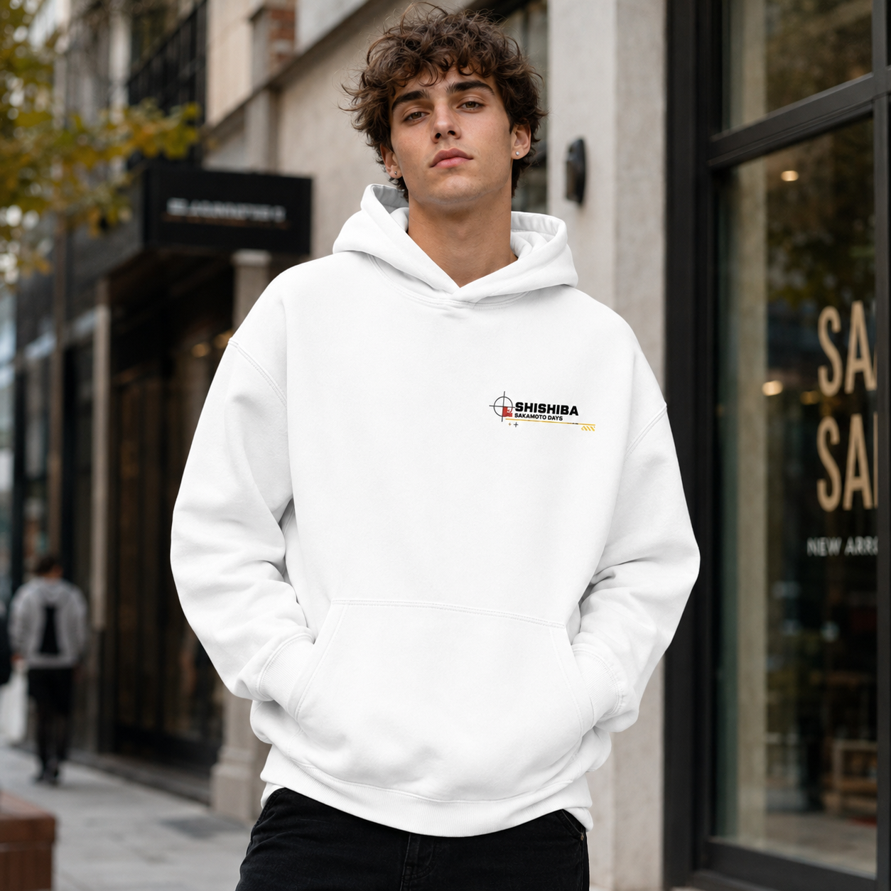 White hoodie with Shishiba Sakamoto Days Legendary Assassin Order graphic – photo 4