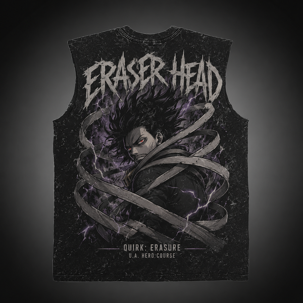 Washed black tank top with Shota Aizawa My Hero Academia Eraser Head Quirk Erasure graphic – photo 1